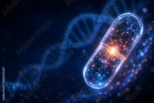 advanced medical capsule with glowing DNA strands
