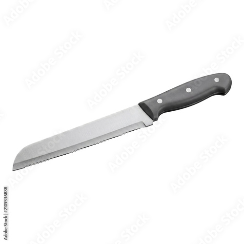 A professional serrated bread knife with a dark ergonomic handle for slicing fresh baked loaves.