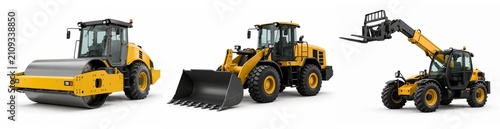 Set of yellow construction machinery including a road roller, wheel loader, and telehandler isolated on white background