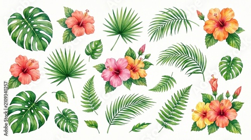 Watercolor Tropical Leaves and Hibiscus Flowers Collection, Vibrant Floral Elements for Summer Designs, Botanical Illustration Set isolated on White Background