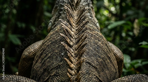 Close up view of green iguana dorsal spines and scales in the wild