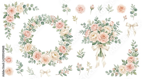 Soft Peach Rose Floral Wreath & Bouquet Collection, Elegant Botanical Elements for Wedding Invitations, Delicate Watercolor Garden Design isolated on White Background