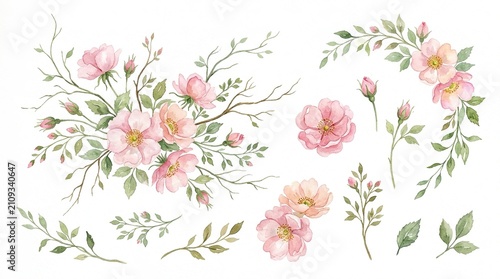 Delicate Watercolor Pink Roses and Greenery Elements, Floral Botanical Illustrations for Romantic Designs, Spring Garden Flower Arrangements, Wedding Invitation Graphics isolated on White