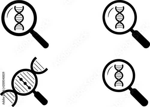 DNA Analysis and Genetic Research Vector Icon Collection with Magnifying Glass Biology Symbols