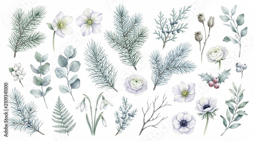 Winter Botanical Elements Collection, Delicate Watercolor Pine Branches, Eucalyptus Leaves, Anemone Flowers, Holly Berries, Snowdrops, and Dried Seed Pods for Seasonal Design isolated on White