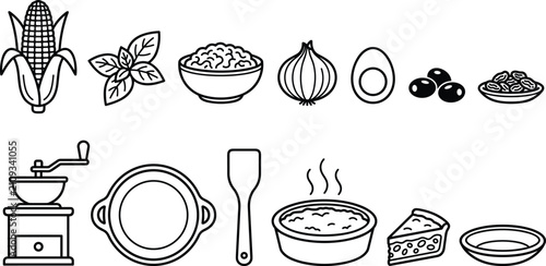 Foto Traditional Corn Pie Pastel de Choclo Cooking Icon Set with Sweet Corn Onion Bas