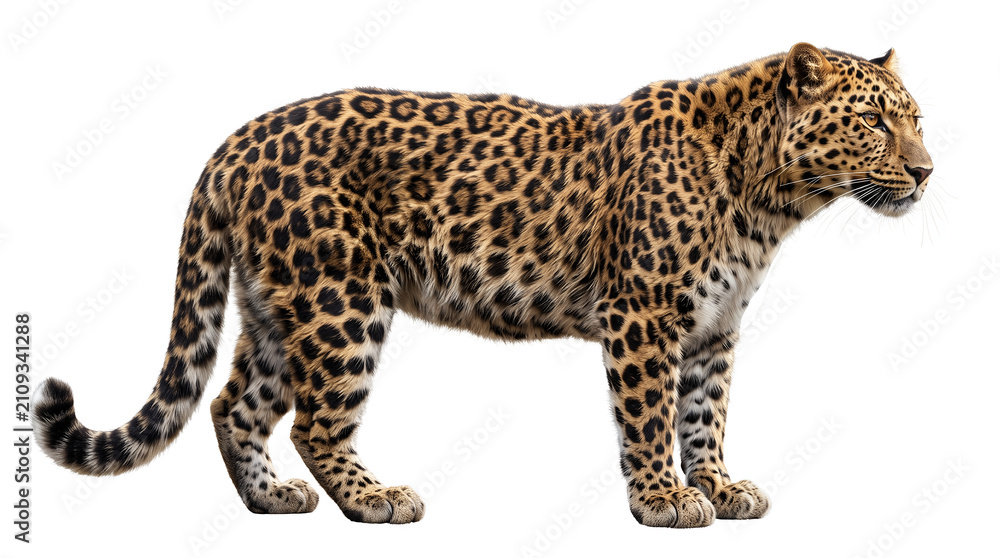 Fototapeta premium Amur leopard standing in full body side profile, thick winter fur with large rosette markings, muscular build, alert expression