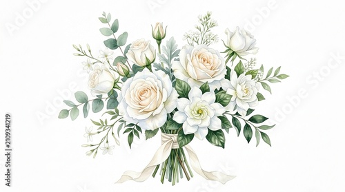 Elegant White Rose Wedding Bouquet, Romantic Floral Arrangement, Bridal Flowers, Soft Pastel Greenery, Delicate Ribbon Detail isolated on White Background