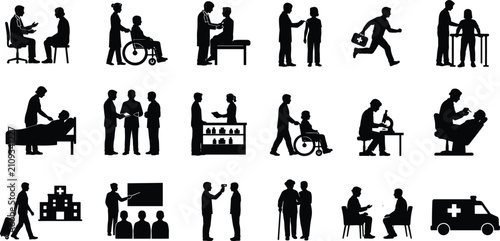 Medical silhouette set of doctor and patient icons featuring healthcare treatment and hospital care isolated on white background