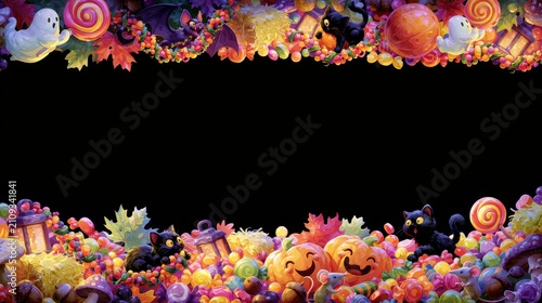 Colorful Halloween border adorned with playful ghosts, pumpkins, and festive treats