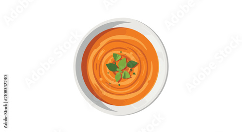 Nutritious Creamy Pumpkin Tomato Soup in White Ceramic Bowl with Green Basil Leaves Garnish Top View Illustration