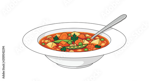 Healthy Homemade Vegetable Soup in a White Ceramic Bowl with Spoon Fresh Organic Ingredients Illustration