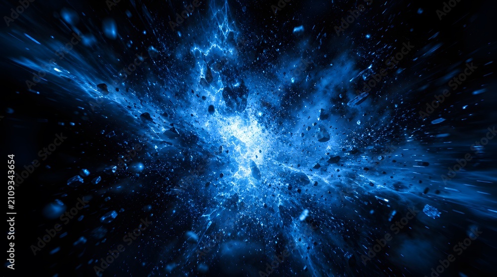 Obraz premium Abstract blue cosmic explosion with floating debris particles in deep space.