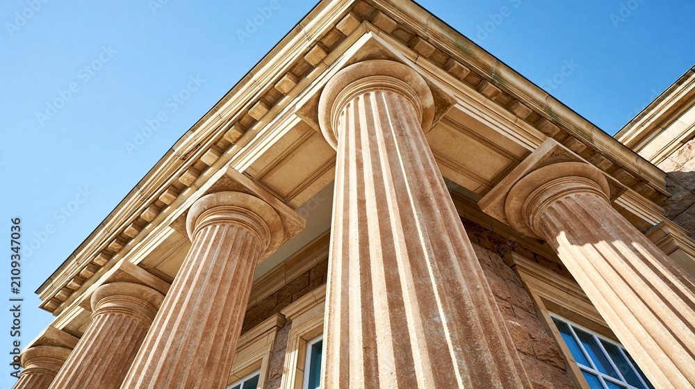 Fototapeta premium Ornate Classical Architecture With Large Fluted Columns Against a Clear Blue Sky