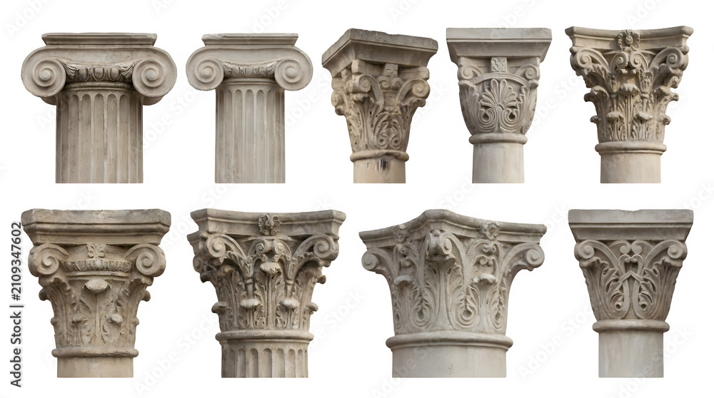 Fototapeta premium Ancient Greek and Roman architectural columns, set of 9 stone pillar capitals, classical marble pedestals with ionic and corinthian carvings