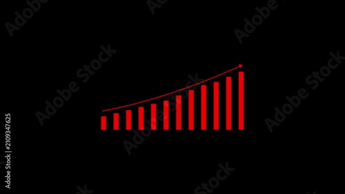 Red Bar Graph with an Upward Trending Arrow and Increasing Vertical Bars on a Black Background Representing Growth Success Progress and Positive Financial Trends in Business or Economics with a