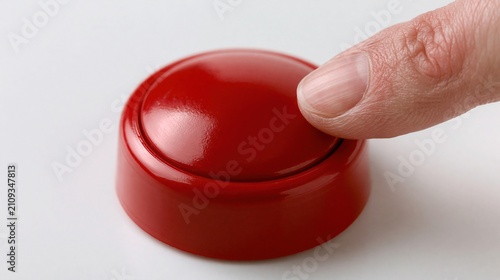 Close-up of a person's finger pressing a bright red round button on a white surface, symbolizing action and decision