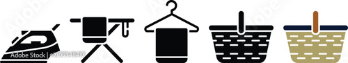 Laundry and ironing service icons featuring a steam iron, folding board, clothes hanger with towel, and woven household baskets and basket and room