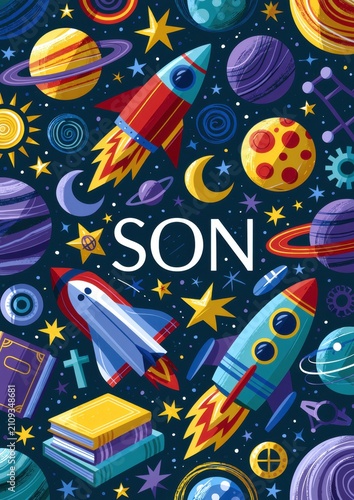 Bright and colorful space adventure greeting card design for my son
