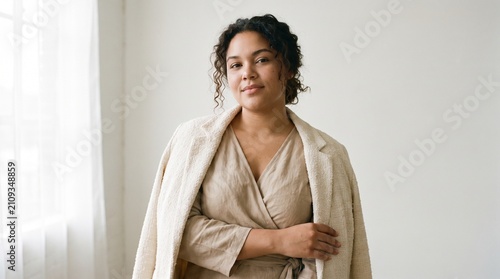 Young woman covering her chest with her arm. Female model expressing modesty and vulnerability in a natural setting.