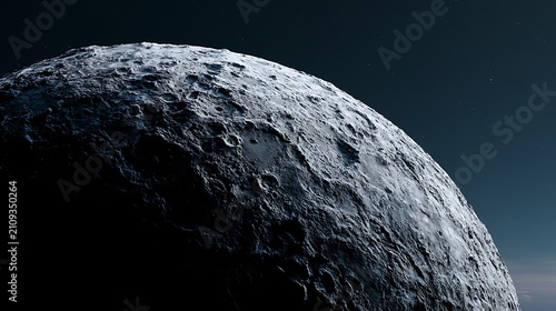 Close up view of the moon surface with craters and shadows in dark space.