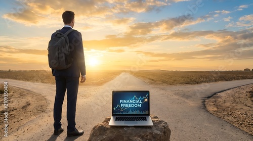 Businessman At Crossroads Choosing Path Toward Financial Freedom With Laptop And Growth Chart On Sunrise Road