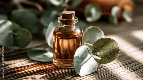 Glass bottle of organic eucalyptus essential oil with fresh green leaves on wooden background.