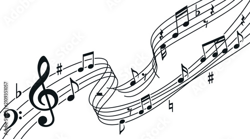 Musical notes flowing along winding staff lines illustrate the rhythmic motion of a melody.
