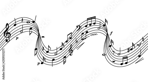 Sheet music notation follows a winding wave pattern to represent the rhythmic flow of a musical composition.
