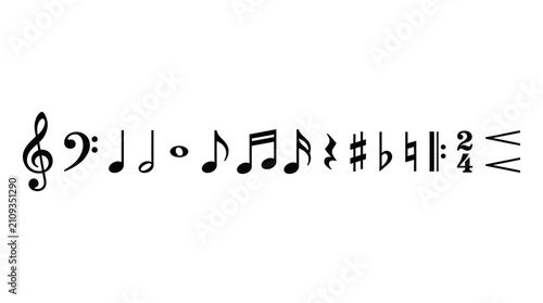 Musical notation symbols are arranged in a horizontal row to illustrate fundamental concepts of music theory and orchestral score writing.