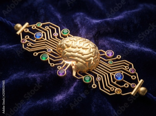 Gold brain circuit brooch with colorful gemstones on velvet for macro jewelry background and ornate accessory detail