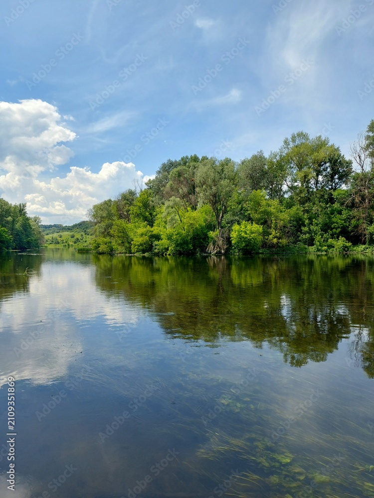 Fototapeta premium Scenic view of Psel river near Pleshivets village with green trees and clear water