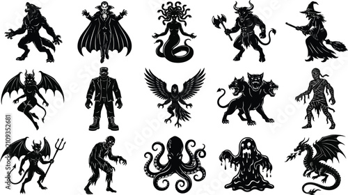 Set of black silhouette icons featuring various mythical creatures and monsters for halloween themed graphic design projects