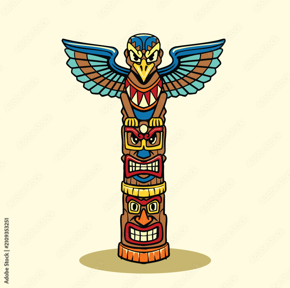 Obraz premium Detailed vintage hand drawn graphic of a tall wooden totem pole topped with a sacred eagle