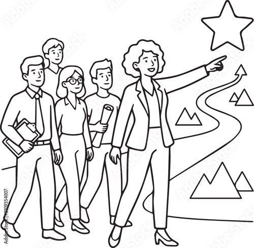 Vector illustration of business team following leader with upward success path and star