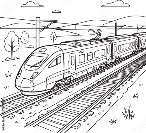 Modern high-speed passenger train on railway tracks with overhead wires