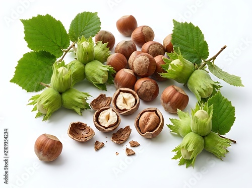 Fresh raw hazelnuts with green leaves and cracked shelled nuts isolated on white background