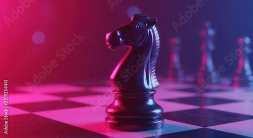 Chess Knight Strategy Game Piece, Neon Lights, Close-up