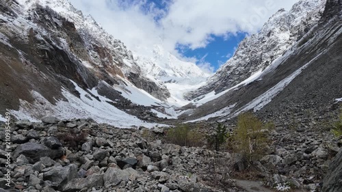 majestic snow covered Chalaadi glacier in Svaneti mountains, Caucasus landscape, remote high altitude peak, alpine wilderness