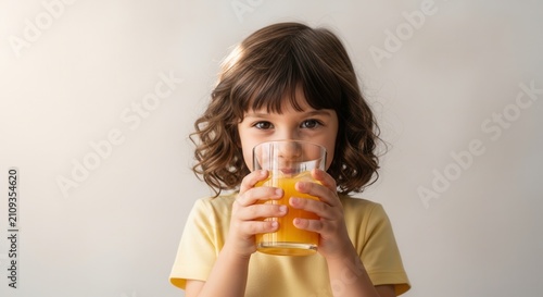 Child drinking juice, healthy refreshment, bright beverage glass, happy kid portrait