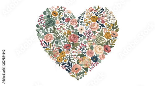 Vintage Floral Heart Illustration With Pastel Flowers On Black Background For Romantic Wedding And Love Designs