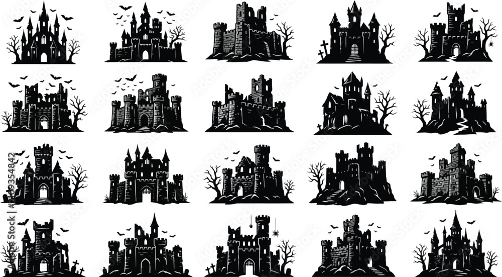 Fototapeta premium Set of twenty black silhouettes of spooky haunted castles for halloween design projects and gothic holiday decorations