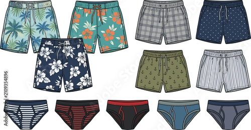 Flat Style Mens Swimwear Collection with Floral Board Shorts Patterned Trunks Striped Briefs and Nautical Graphic Prints for Summer Vacation Apparel Design