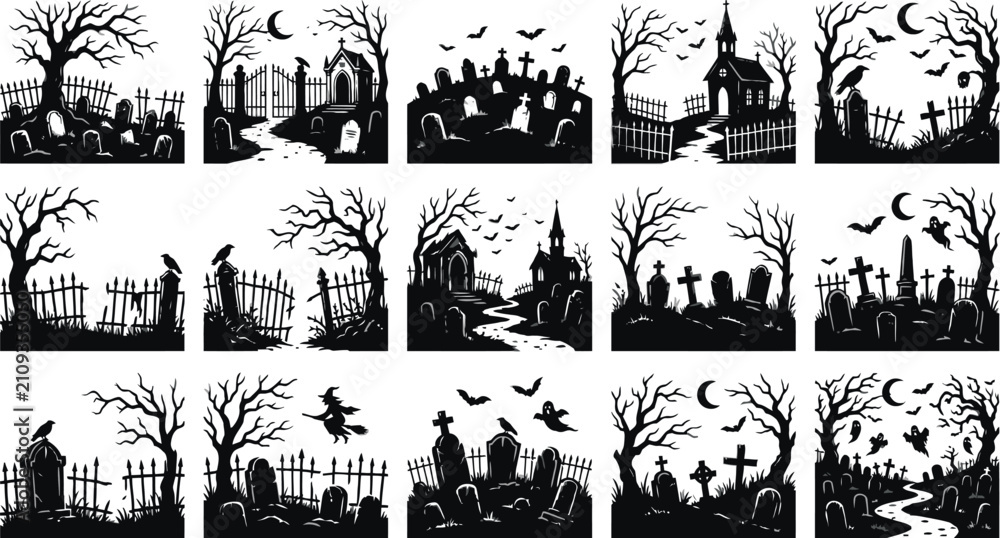 Fototapeta premium Collection of spooky graveyard and haunted house scenes for halloween design in a detailed black and white silhouette