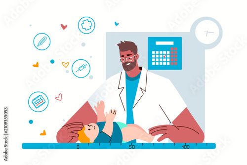 Routine pediatric examination with doctor measuring baby's height to monitor growth, development, and overall health. Vector illustration of characters