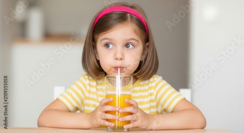 Child drinking orange juice with a straw