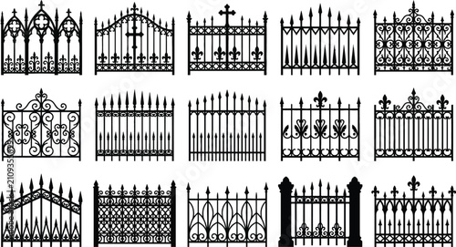 Set of decorative wrought iron fence designs for a spooky halloween cemetery gate black and white silhouette