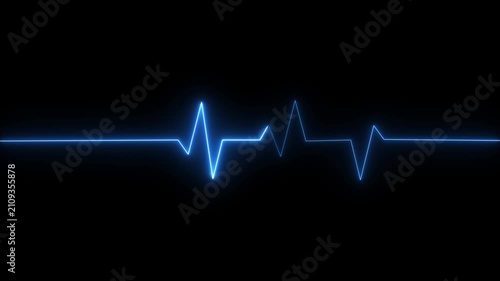 A vibrant electric blue neon line representing a heart rate monitor waveform pulses across a stark black background creating a sense of digital life and medical technology with a clean minimalist