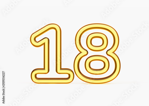 Shiny gold number 18 outline for eighteenth birthday or anniversary. 3d illustration