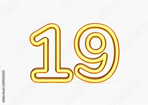 Shiny golden 3D outline of the number nineteen on white background. 3d illustration